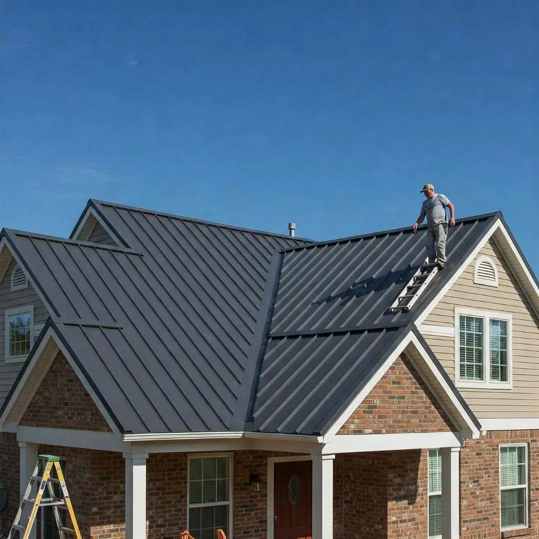 Roofer installing a metal roof on a home in Lake City, FL