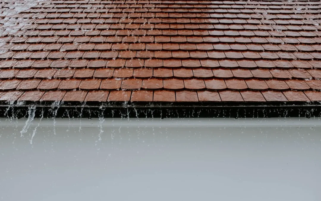 Rain cascading off a shingle roof and into the gutter during a North Florida summer storm